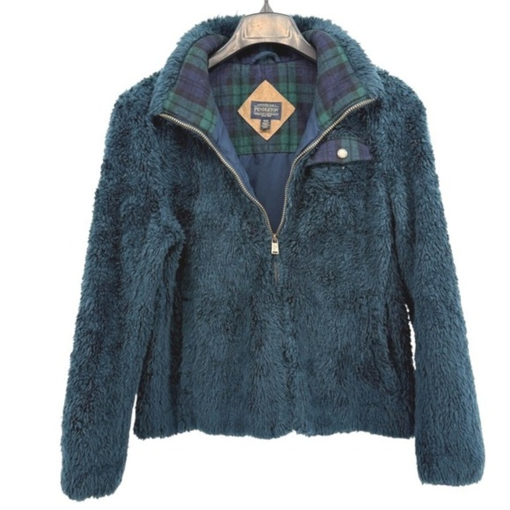 Pendleton Fluffy Green Fleece Womens Medium Pre-Owned Jacket Plaid Collar Zip-Up